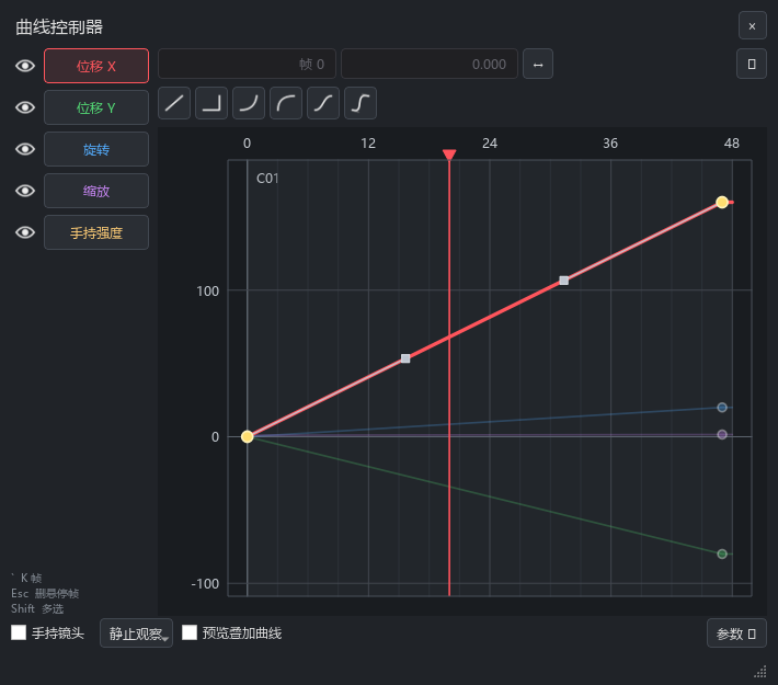 1.5.8 相机曲线控制器,选中的红色曲线突出显示,播放头位于第 21 帧